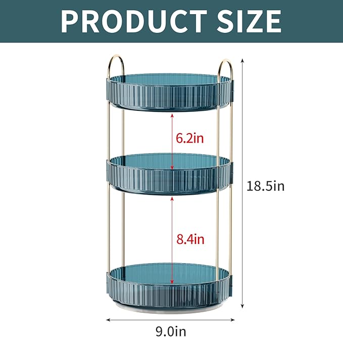 360° Rotating Makeup Organizer, Bathroom Organizers and Storage Holder Rack, Large Capacity Vanity Shelf Countertop, Fits Cosmetics, Perfume, Skin Care(Blue, 3 Tiers)-Velvo Beauty