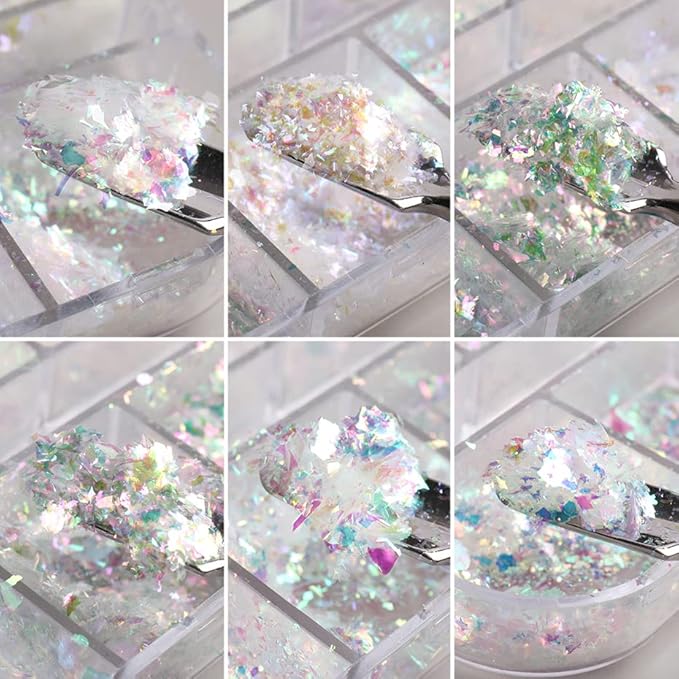 Holographic Iridescent Nail Art Nail Glitter KALEFUL Powder Aurora Foil Sequins Flakes Paillettes Designs Manicure Nail Decorations - 12 Grids-Velvo Beauty