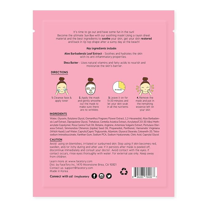 FACETORY K Beauty Face Mask Skin Care - SUN BAE SOOTHING Sheet Mask with Aloe & Shea Butter | After Sun Care, Soothe & Restore (5 Pack)-Velvo Beauty