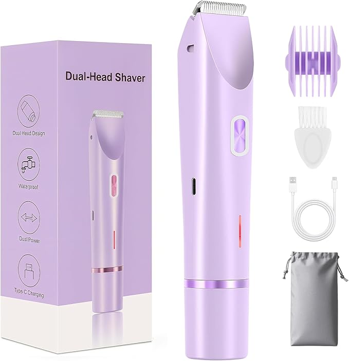 Dermave Bikini Shaver 2.0, 2025 New Glow Aura Bikini Trimmer for Women, 2 in 1 Dual Head Electric Razors for Women, IPX7 Waterproof Wet & Dry Electric Shaver, Portable Body Shaver (Purple)-Velvo Beauty