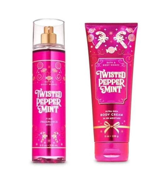 Bath and Body Works - Twisted Peppermint - Fine Fragrance Mist and Ultra Shea Body Cream - Full Size – Winter 2019-Velvo Beauty