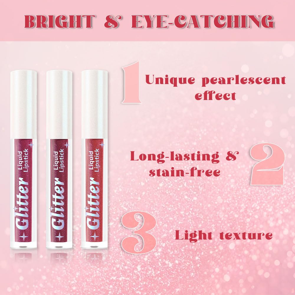 3Pcs Metallic Lipstick for Women,Lightweight Glitter Sparkling Liquid Lipsticks,Shimmer Lip Gloss Stain Long Lasting Waterproof Smudge Proof Non-Drying 24 Hour Full Coverage Lip Makeup,Vegan-Velvo Beauty