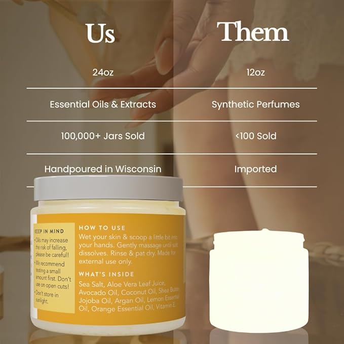 Bare Botanics Lemon Orange Body Scrub 24oz | Made in Madison, WI | All Natural Sea Salt Exfoliator w/ Skin Loving Moisturizers | Vegan & Cruelty Free | Gift Ready Packaging w/ a Cute Wooden Spoon-Velvo Beauty