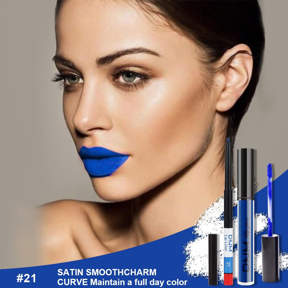 evpct 2Pcs Royal Light Blue Matte Liquid Lipstick and Lip Liner Pencil Makeup Set Blue Lipstick 24H and with Lip Liner Set Waterproof Long Lasting labiales mate 24 horas originales 21#-Velvo Beauty