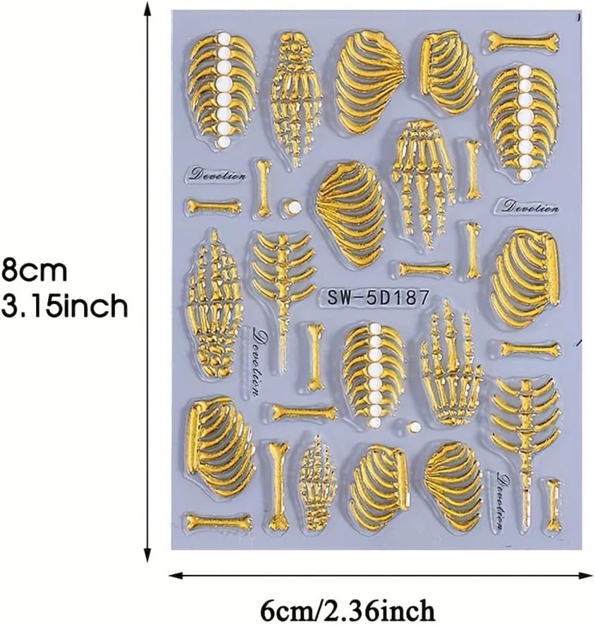 3Pcs Skull & Ribcage 5D Nail Stickers - Y2K Gothic Horror Design, Self-Adhesive Foil Decals Halloween Nail Art, Single-Use Plastic Embossed Animal Print, Golden, White, Rose Gold Skull Nails Decals-Velvo Beauty