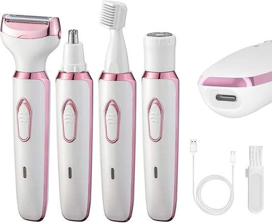 4-in-1 Electric Razor for Women - Rechargeable Painless Body & Facial Hair Remover, Bikini Trimmer for Legs, Underarm & Face, Portable Women's Shaver Set with Smooth Glide Technology-Velvo Beauty