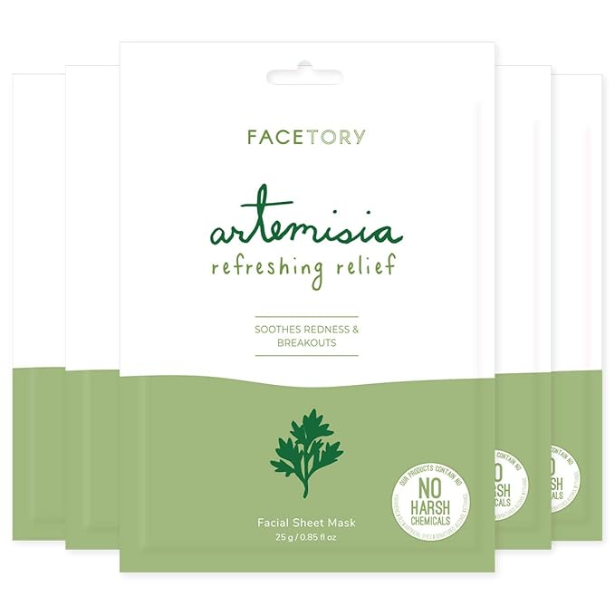 FACETORY K Beauty Face Mask Skin Care - ARTEMISIA REFRESHING RELIEF Sheet Mask with Artemesia Plant Extract | Soothes Redness & Breakouts (5 Pack)-Velvo Beauty
