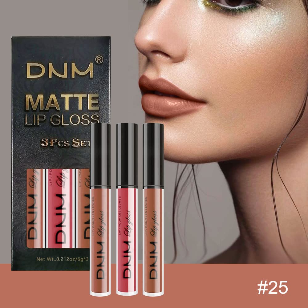 evpct 3Pcs Nude Brown Rose Pink Dark Matte Liquid Lipstick Makeup Sets for Dark Skin Black Women, Permanent Lip Stain Set Long Lasting Lipstick 24 Hours Waterproof labiales mate 24 horas originales 09-Velvo Beauty