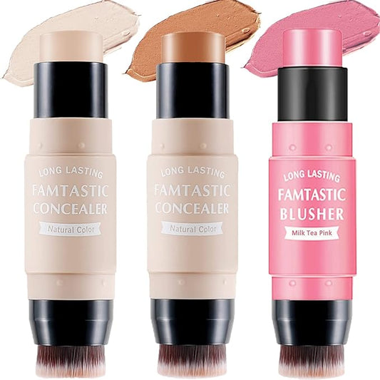 3 Pcs Contour Highlighter Blush Sticks with Brush, Shades with Highlighter & Bronzer Pen & Cream Blush, Waterproof, Longwear Makeup-Velvo Beauty