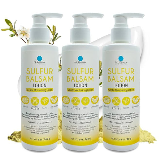 Dr. Robaina Sulfur Balsam Lotion – Lightweight Moisturizer for Dry, Flaky & Itchy Skin – Calms Redness, Supports Skin Barrier & Locks Hydration – Shea Butter & Tea Tree – 8 fl oz, USA Made-Velvo Beauty