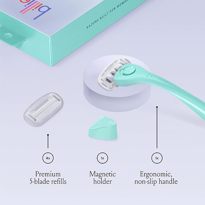 Billie Razors for Women Shave Kit – Razor + 4 x 5-Blade Razor Refills + Magnetic Holder – Minty-Velvo Beauty