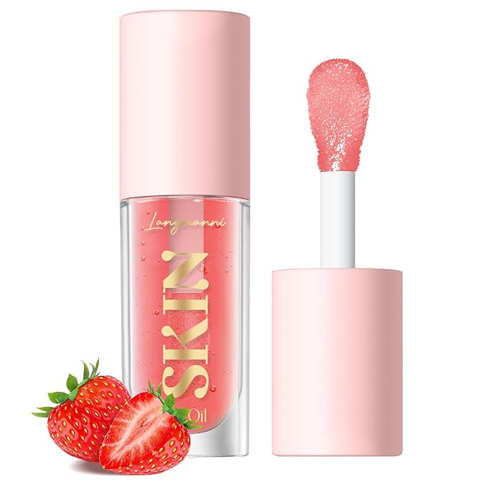 Big Brush Head Lip Glow Oil Plumping Tint, Tinted Lip Balm Transparent Lip Care, Moisturizing Non-sticky Fresh Shiny Texture Lip Oil - Strawberry (Pink)-Velvo Beauty