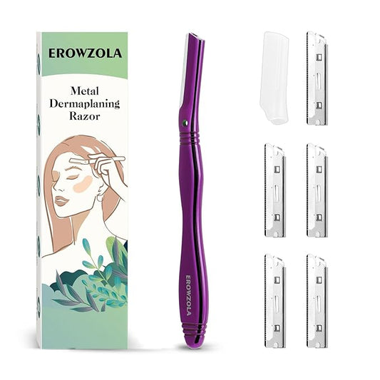 Dermaplane Razor for Women Face with 6 Refill Blades, Dermaplaning Tool Face Razors for Removes Facial Hair, Peach Fuzz, Reusable Metal Handle Eyebrow Razor (Purple)-Velvo Beauty