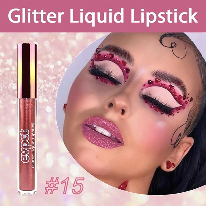 evpct 1Pcs Plum Red Glitter Metallic Shimmer Diamond Lipstick Lip Gloss Stain Set for Women Long Lasting Waterproof, Mauve Red Sparkle Glitter Matte long Wear Liquid Lipstick Lip Makeup Kit, 15#-Velvo Beauty