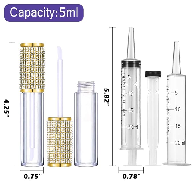 AMORIX 24 Pack Gold Crystal Lip Gloss Tubes with Wand 5ml Empty Lip Gloss Containers Lipgloss Bottles with Stoppers 2pcs Syringes + Labels for DIY Lip Gloss Balm-Velvo Beauty