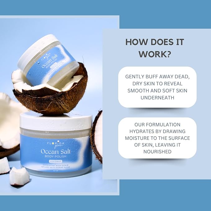 Sea Salt Body Scrub by Florida Suncare - Ocean Salt Body Polish Infused with Marine Algae - Exfoliating Face and Body Scrub - Facial Scrub Exfoliator to Tackle Acne and Scars (Coconut, 12.1 oz)-Velvo Beauty