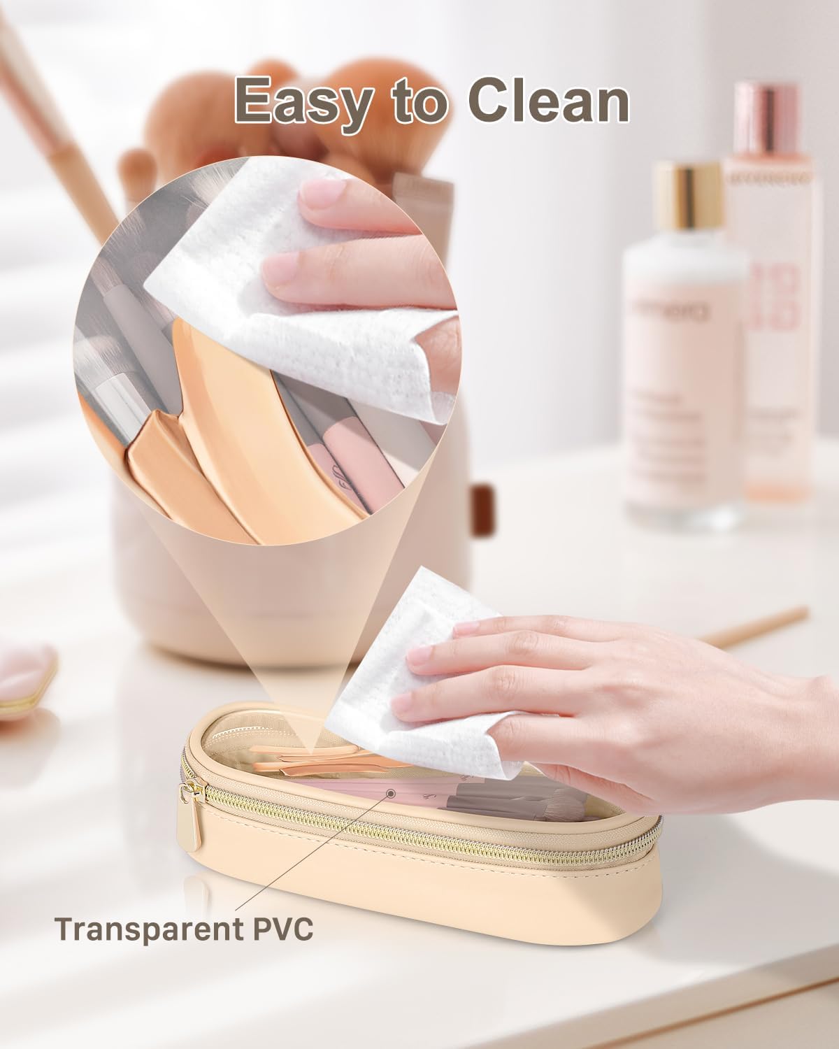 Clear Travel Makeup Brush Holder, Leather Makeup Brush Toiletry Bag, Portable Cosmetic Brush Case, Transparent Waterproof Makeup Brush Storage Bag, Khaki-Velvo Beauty
