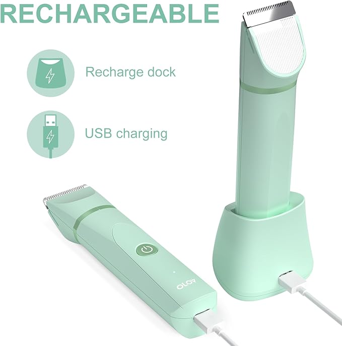 OLOV Electric Body Hair Trimmer - Groin Trimmer for Men - Bikini Trimmer Women - Wet/Dry Shaver Groomer, Replaceable Ceramic Blade Heads, USB Recharge Dock, Waterproof Hygiene Razor, Green-Velvo Beauty