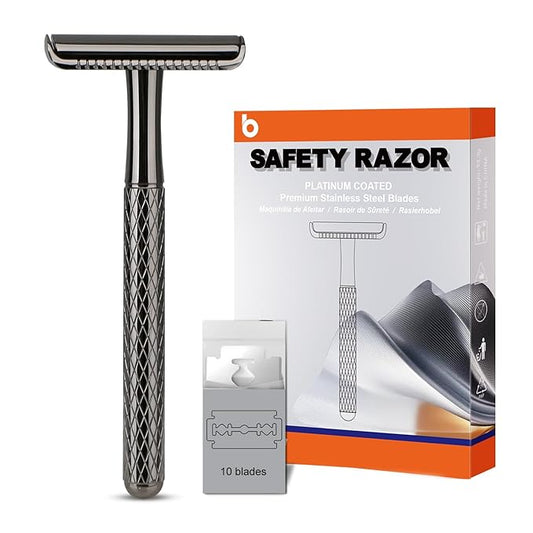 Shiny Gun Black Double Edge Safety Razor, Single Blade Razors for Men and Women, with 10 Stainless Steel Safety Razor Blades, Reusable, Smooth and Close Wet Shaving Kit, Plastic Free-Velvo Beauty