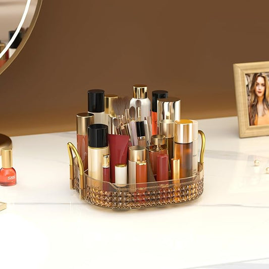 Awenia Rotating Makeup Organizer 360, Stackable Adjustable Large Capacity Cosmetic Storage Unit,Dresser Bathroom Kitchen Countertop Organizer with Metal Handle, Plus Size (Honorable Gold, 1 Tier)-Velvo Beauty
