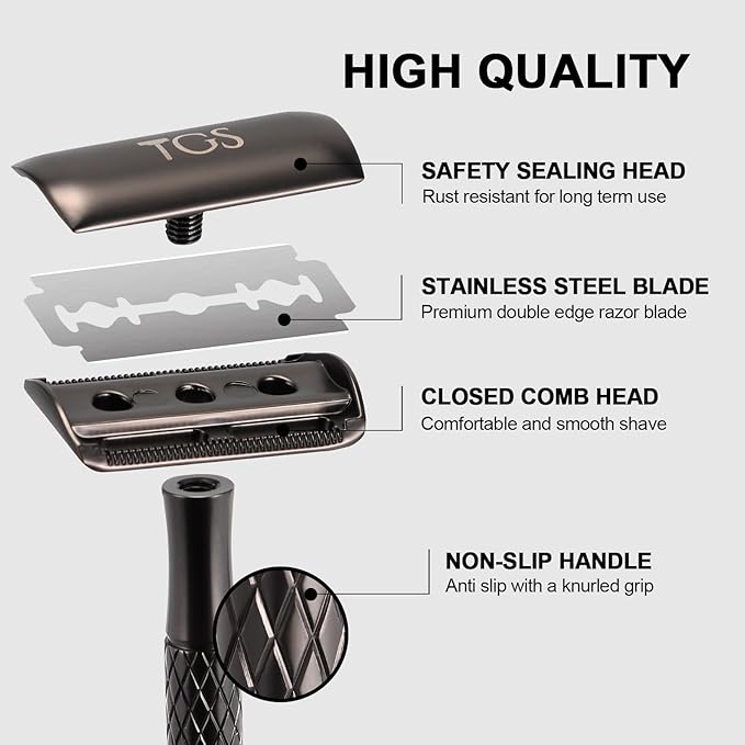Double Edge Safety Razor for Men with Stand and Silicone Cover - Durable Metal Eco-Friendly Single Blade Safety Razor with 10 Blades - Closed Smooth Shave Matte Black-Velvo Beauty
