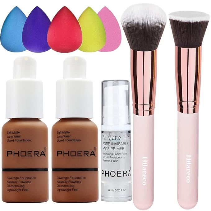 PHOERA Foundation Makeup for Wome Full Coverage Foundation Set,Face Primer Foundation Brush Powder Brush,5 Makeup Sponge,30ml PHOERA 24HR Matte Oil Control Concealer (110-Truffle)-Velvo Beauty