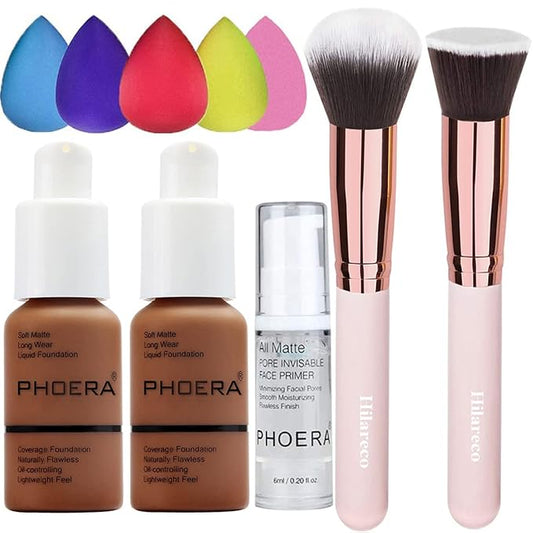 PHOERA Foundation Makeup for Wome Full Coverage Foundation Set,Face Primer Foundation Brush Powder Brush,5 Makeup Sponge,30ml PHOERA 24HR Matte Oil Control Concealer (110-Truffle)-Velvo Beauty