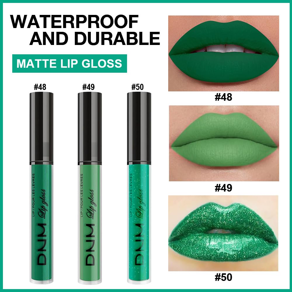 evpct 3Pcs Dark Pale Teal Forest Emerald Green Matte Glitter Shimmer Shiny Liquid Lipstick Lip Stain Sets for Women Matte+Lipstick Long Lasting Waterproof 24 hr Magic Lipstick 24 Hours original-Velvo Beauty
