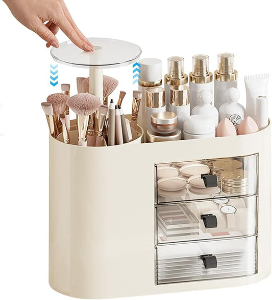 DASITON Makeup Organizer with 3 Drawers,Automatic Lifting Makeup Brush Holder with Lid,Large Capacity Makeup Organizers for Vanity,Bathroom Countertop,Ideal Storage Skin Care,Brushes,Lipstick (Cream)-Velvo Beauty