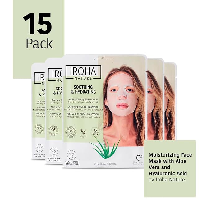 IROHA NATURE Comforting & Hydrating Tissue Face Mask with Aloe Vera | 15 Pieces | Aftersun Effect | 96% Natural Ingredients-Velvo Beauty