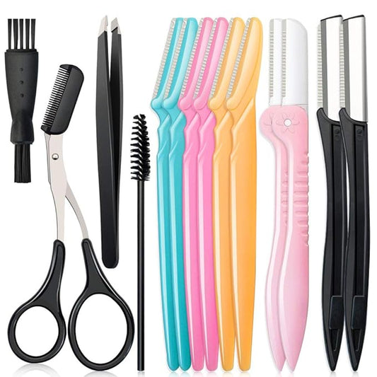 14 in 1 Eyebrow Razor Kit, Professional Dermaplane Face Razor for Women, Eyebrow Trimmer for Hair & Peach Fuzz Remover, Face Shavers for Women with Tweezers/Scissors/Clipper/Spoolie Brush-Velvo Beauty