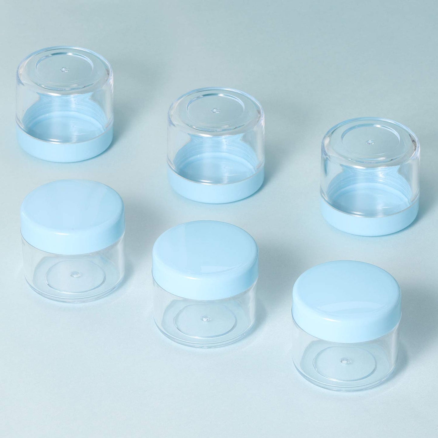 Refillable Cosmetic Sample Jars - 100 Pack 20g (0.7oz) Blue Small Travel Containers with Lids + 10 Mini Makeup Spatulas - BPA Free-Velvo Beauty