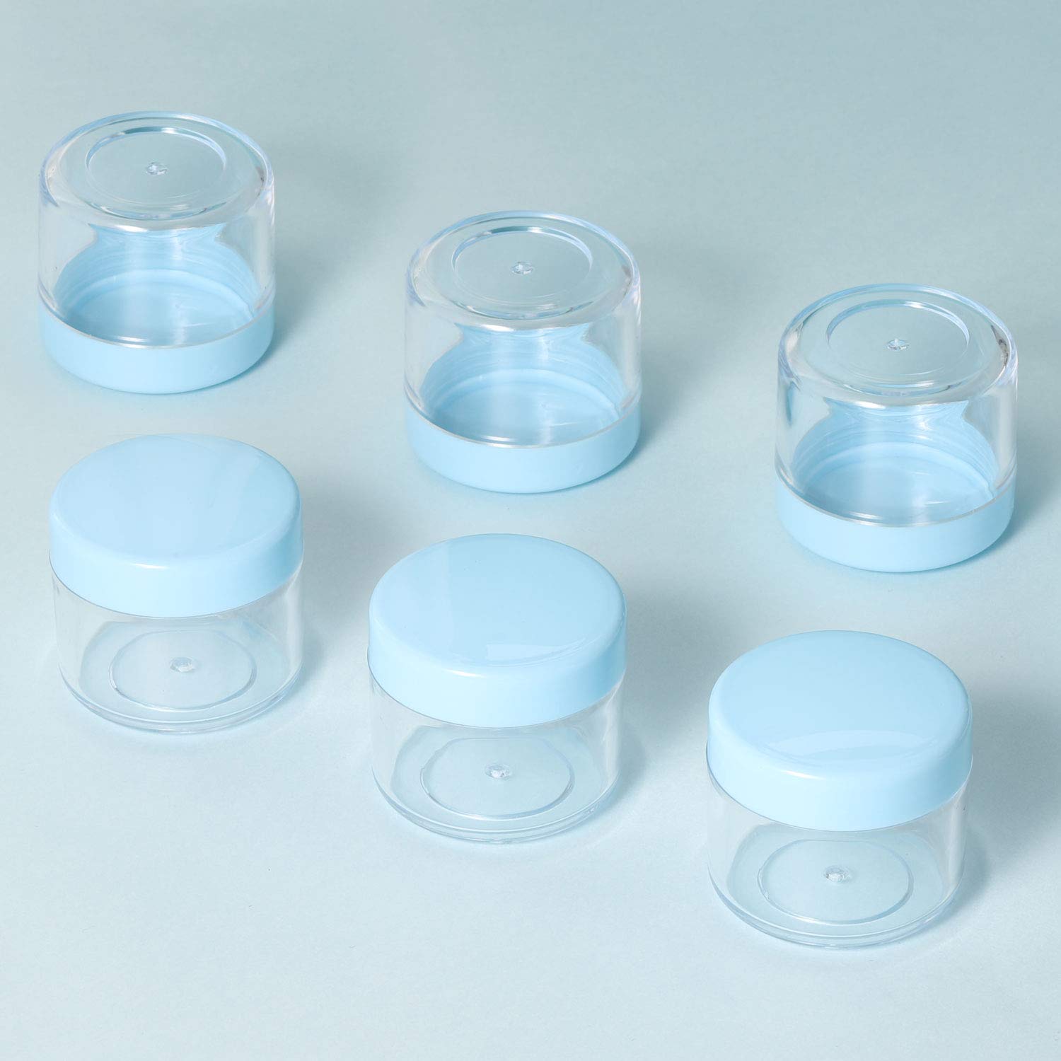 Refillable Cosmetic Sample Jars - 100 Pack 20g (0.7oz) Blue Small Travel Containers with Lids + 10 Mini Makeup Spatulas - BPA Free-Velvo Beauty