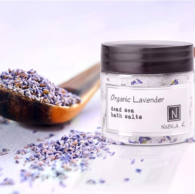 Organic Lavender Bath Salts by Nabila K - Dead Sea Salt & Epsom Salt Scrub & Soak - Exfoliates & Hydrates Skin, Botanical Essential Oils - Bubble Bath Accessories for All Skins Types, 2 oz-Velvo Beauty