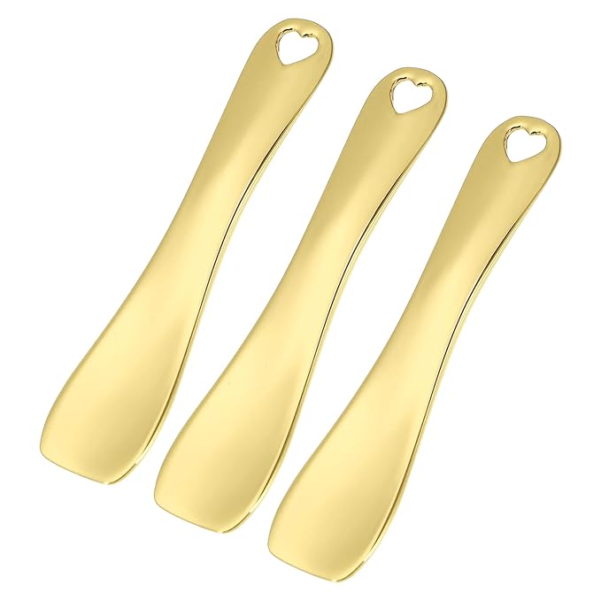 VOCOSTE 3 Pcs Makeup Spatula Mini Spoon, Eye Cream Massage Sticks Beauty Scoop, for Facial Cosmetic Face Cream, Zinc Alloy Heart Shape 2.36"x0.49", Gold Tone-Velvo Beauty