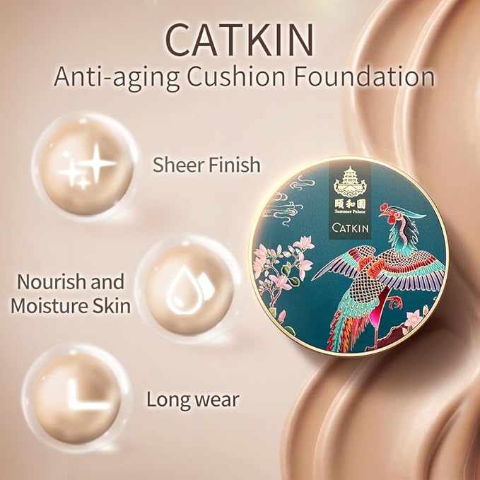 Catkin Phoenix Cushion Foundation Buildable Coverage Anti-Aging Serum Makeup, Sheer Satin Finish, Refill Included, Light Beige 0.46 Oz x 2, C03 VANILLA-Velvo Beauty