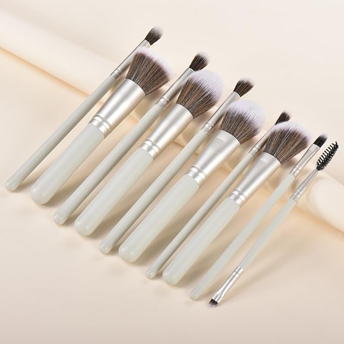 10 Piece Makeup Brushes - Grayish Green Wooden Handle with Soft Synthetic Bristles,for Face & Eye Makeup|Professional Makeup Brushes set for Women & Girls|-Velvo Beauty