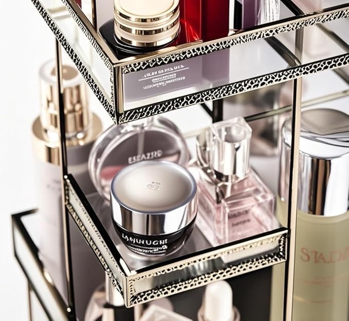 Vintage Glow Antique 360 Degree Rotating Makeup Organizer,4-Tier Spinning Perfume Tray,Countertop Cosmetic Storage,Glass Beauty Display,Retro Large Capacity Vanity Organizer for Brushes Skincare-Velvo Beauty