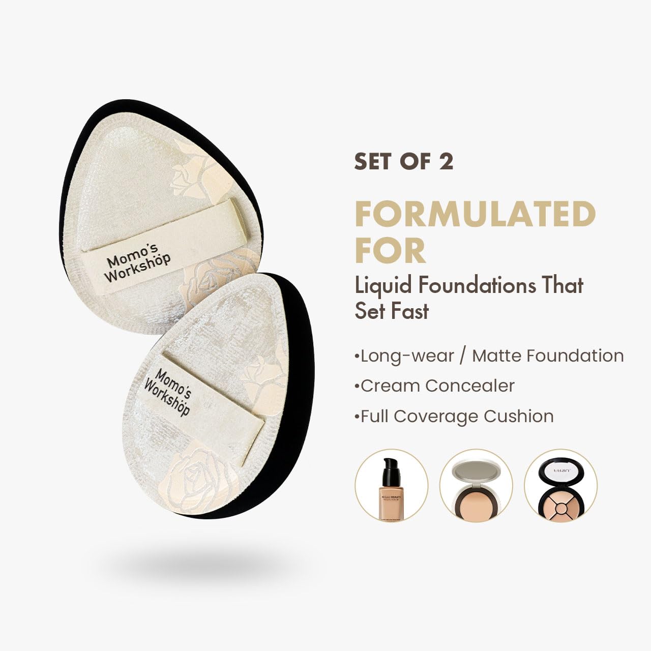 Satin White Egg Makeup Sponge,Firm Bounce Rubycell,Cushion Sponge with Wide PU Leather for Quick-Dry/Full Coverage Foundations, Cosmetic Puff,2pcs Beauty Puffs&Storage Case-Velvo Beauty