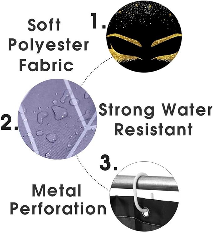 4PCS Unicorn Eyelash Shower Curtain Set, Luxury Gold Glitter Eyebrow Makeup Confetti Hello Gorgeous Glam Modern Fashion Black Women Bathroom Decor, Non-slip Bath Mat Toilet Rug, Gold Eyelash-Velvo Beauty