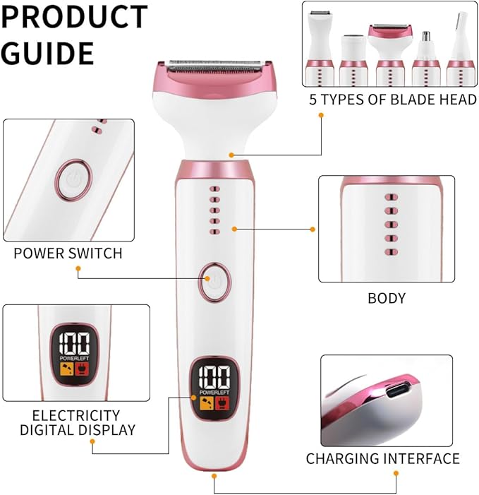 Electric Razors for Women, Bikini Trimmer for Women 5 in 1 Body Shaver for Nose Hair Face Eyebrow Arms Legs Armpit Underarm Pubic Area, Replaceable Lady Facial Razor Painless USB Charge Female Gift-Velvo Beauty