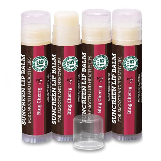 SPF Lip Balm 4-Pack by Earth's Daughter - Lip Sunscreen, SPF 15, Organic Ingredients, Cherry Flavor, Beeswax, Coconut Oil, Vitamin E - Hypoallergenic, Paraben Free, Gluten Free-Velvo Beauty