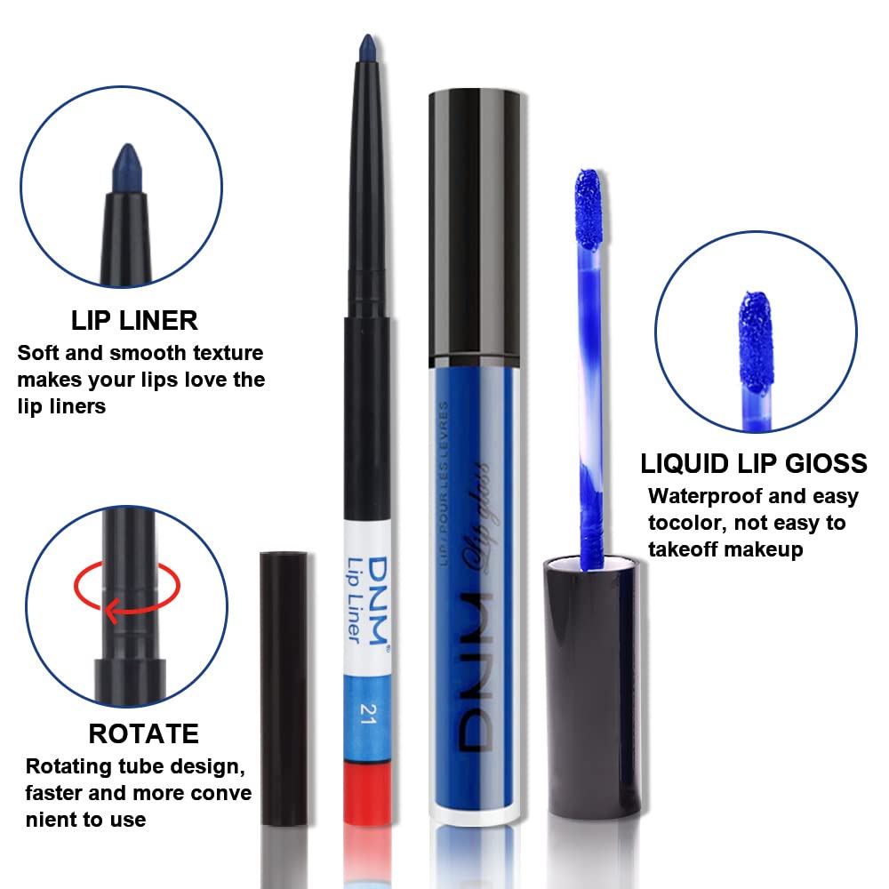 evpct 2Pcs Royal Light Blue Matte Liquid Lipstick and Lip Liner Pencil Makeup Set Blue Lipstick 24H and with Lip Liner Set Waterproof Long Lasting labiales mate 24 horas originales 21#-Velvo Beauty
