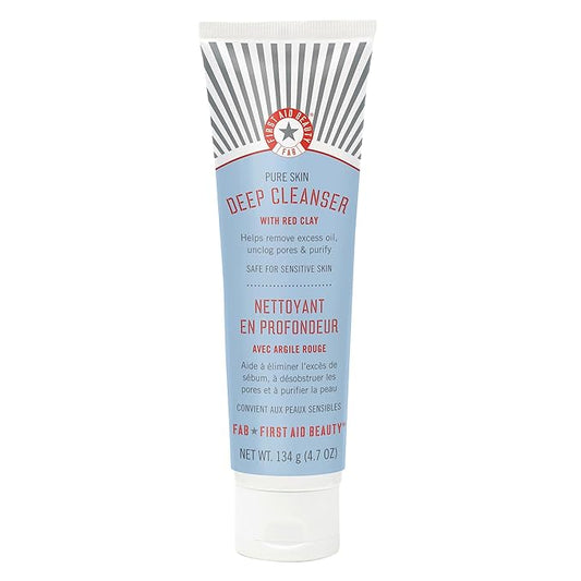 First Aid Beauty - Pure Skin Deep Cleanser with Red Clay, Deep Cleansing Face Wash with Antioxidant Booster for Oily and Blemish-Prone Skin, Reduce Oil & Unclog Pores, Safe for Sensitive Skin, 4.7 oz-Velvo Beauty