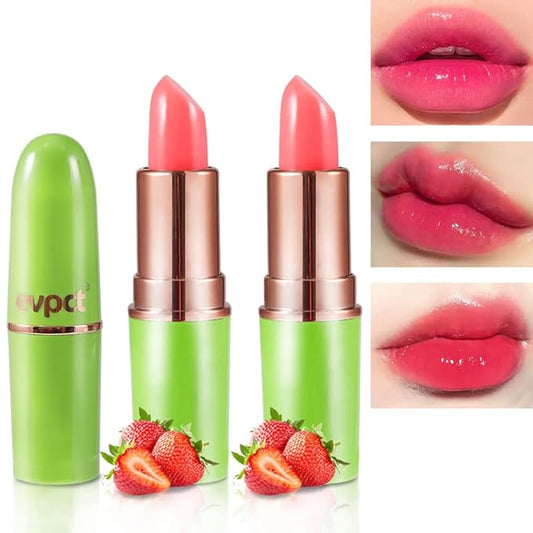 evpct 2Pcs Strawberry Color Changing Lipstick Tinted Lip Balm Gloss Stain Set Magic PH Color Changing Flower Lazy Korean Jelly Lipstick Makeup Set labiales mate 24 horas originales labial magico-Velvo Beauty