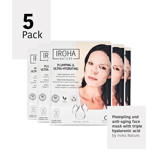 IROHA NATURE Replumping & Anti-Aging Tissue Face Mask (Pack of 5) | With Triple Hyaluronic Acid | Deep Hydration & Anti-Aging Effect | For Softer Skin | 100% Vegan-Velvo Beauty