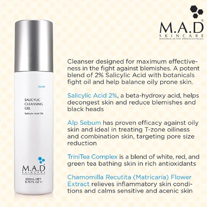 M.A.D Skincare Salicylic Cleansing Gel - Acne Facial Wash 6.75 oz.-Velvo Beauty