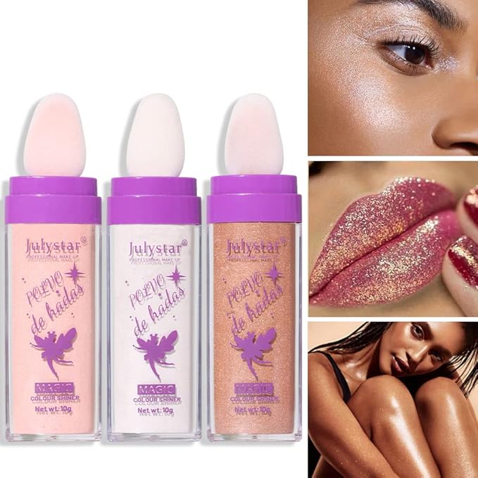 AKARY Shimmer Highlighter Powder, Fairy Polvo De Hadas Highlighter Powder & Blush Stick, Instant Glow Luminizer Duo, Glitter Body Face Hair High Gloss Stick, Sparkle Smudge-Proof Highlighter Stick Party Makeup (B-#03)-Velvo Beauty
