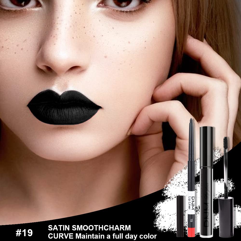evpct 2Pcs Black Matte Liquid Lipstick and Lip Liner Gloss Stain Pencil Makeup Set Long Lasting Dark Matte Lipstick 24H and with Lip Liner Set for Black women labiales mate 24 horas originales 19#-Velvo Beauty