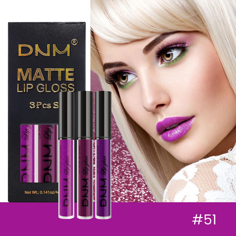 evpct 3Pcs Violet Purple Crystal Metallic Shimmer Glitter Matte Liquid Lipstick Lip Stain Sets for Women Matte+Lipstick Long Lasting Waterproof Permanent 24 Hours Magic Lipstick 24 Hours original-Velvo Beauty